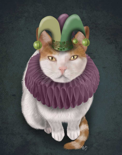 Stampa su tela Poster Fab Funky Gatto bianco con cappello da giullare Stravagante Verticale
